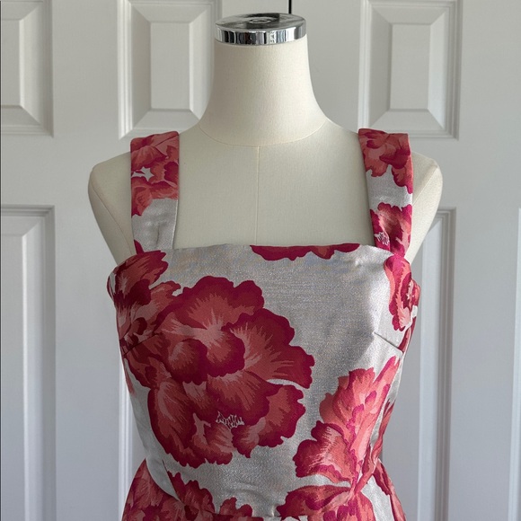 Betsy Johnson Pink Silver Floral Jacquard A-Line Wedding Guest Dress Size 2 - Picture 3 of 13